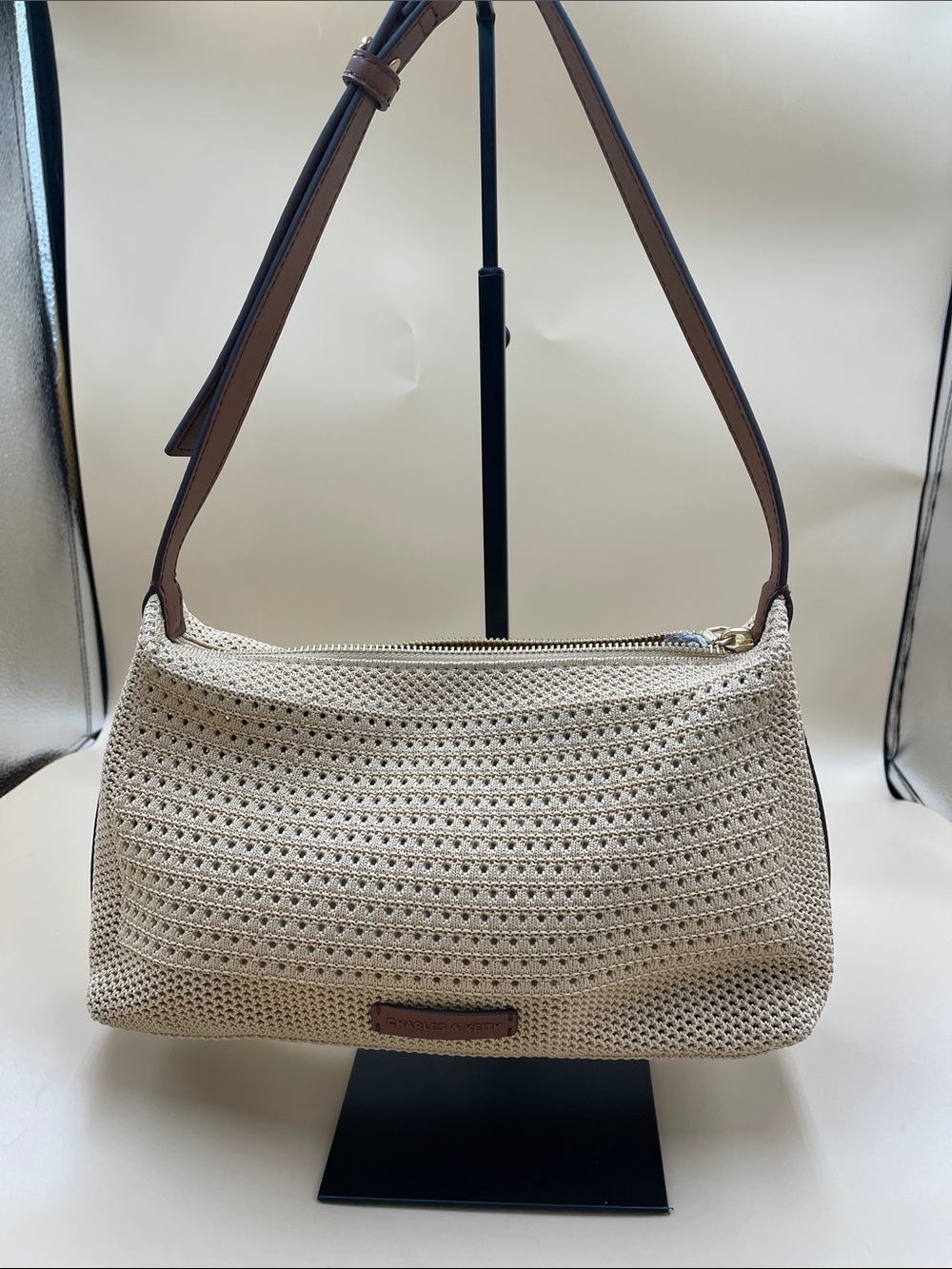 Charles and Keith Woven Shoulder Bag with Brown Leather Strap Simple Elegant